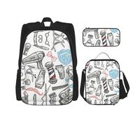OKFSTY Barber Shop Sac à dos 3 pièces, style monochrome, 40,6 cm, sac à livres et boîte à déjeuner pour garçons d'âge préscolaire, poids léger, Noir , Taille unique, Ensemble cartable