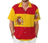 OKFSTY Chemise décontractée à manches courtes pour homme avec poche Motif drapeau espagnol, Noir , XL
