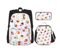 OKFSTY Delicious Cupcakes Sac à dos 3 pièces, 40,6 cm pour garçons préscolaires et boîte à déjeuner léger, Noir , Taille unique, Ensemble cartable