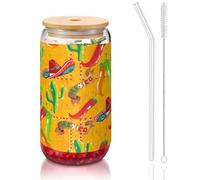 OKFSTY Ensemble de verres réutilisables en verre avec chapeau de cactus et piment 473 ml pour café, bière glacée, tasse en verre réutilisable pour cadeaux