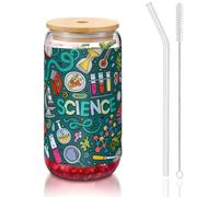OKFSTY Ensemble de verres réutilisables en verre de 473,6 g avec impression sur le thème de la science de dessin animé pour café, tasse à bière glacée, tasse en verre réutilisable pour cadeaux