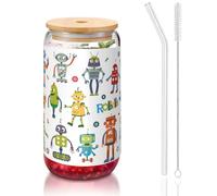 OKFSTY Ensemble de verres réutilisables en verre pour café, bière glacée, 473,6 g, motif robots mignons