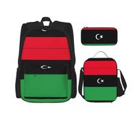 OKFSTY Lot de 3 sacs à dos, 40,6 cm, motif drapeau libyen, sac à livres et boîte à déjeuner pour garçons d'âge préscolaire, poids léger, Noir , Taille unique, Ensemble cartable