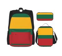 OKFSTY Lot de 3 sacs à dos avec drapeau de la Lituanie 40,6 cm pour garçons - Sac à livres et boîte à déjeuner - Poids léger, Noir , Taille unique, Ensemble cartable