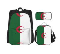 OKFSTY Lot de 3 sacs à dos avec drapeau de l'Algérie pour garçons - 40,6 cm - Sac à dos et boîte à déjeuner - Léger, Noir , Taille unique, Ensemble cartable