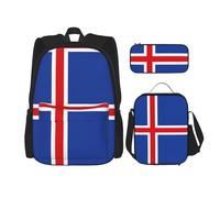 OKFSTY Lot de 3 sacs à dos avec drapeau de l'Islande 40,6 cm pour garçons et enfants - Sac à dos léger et boîte à déjeuner, Noir , Taille unique, Ensemble cartable
