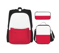 OKFSTY Lot de 3 sacs à dos avec drapeau polonais, 40,6 cm, sac à livres et boîte à déjeuner pour garçons d'âge préscolaire, poids léger, Noir , Taille unique, Ensemble cartable