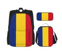 OKFSTY Lot de 3 sacs à dos avec motif drapeau de la Roumanie 40,6 cm pour garçons - Sac à livres et boîte à déjeuner - Poids léger, Noir , Taille unique, Ensemble cartable