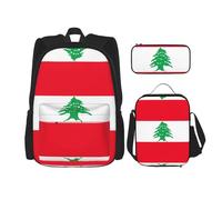 OKFSTY Lot de 3 sacs à dos avec motif drapeau du Liban 40,6 cm pour garçons - Sac à livres et boîte à déjeuner - Poids léger, Noir , Taille unique, Ensemble cartable