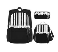 OKFSTY Lot de 3 sacs à dos avec motif piano - 40,6 cm - Sac à livres et boîte à déjeuner - Léger, Noir , Taille unique, Ensemble cartable