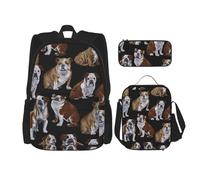OKFSTY Lot de 3 sacs à dos de 40,6 cm avec motif bouledogues anglais, sac à livres et boîte à déjeuner pour garçons, Noir , Taille unique, Ensemble cartable