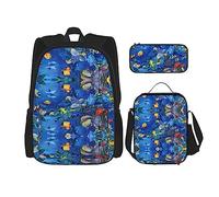 OKFSTY Lot de 3 sacs à dos de 40,6 cm avec motif poissons tropicaux, sac à livres et boîte à déjeuner pour garçons d'âge préscolaire, poids léger, Noir , Taille unique, Ensemble cartable