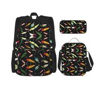 OKFSTY Lot de 3 sacs à dos de pêche pour garçons d'âge préscolaire et boîte à déjeuner - Poids léger - 40,6 cm, Noir , Taille unique, Ensemble cartable