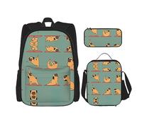 OKFSTY Lot de 3 sacs à dos de yoga carlin 40,6 cm pour garçons d'âge préscolaire et boîte à déjeuner léger, Noir , Taille unique, Ensemble cartable