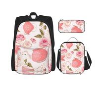 OKFSTY Lot de 3 tasses à thé avec roses - Style shabby romantique - 40,6 cm - Pour garçons - Sac à livres et boîte à déjeuner - Poids léger, Noir , Taille unique, Ensemble cartable