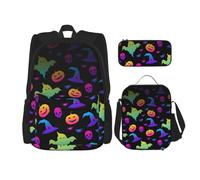 OKFSTY Rainbow Halloween Fantôme Witch Hat Spiders Sac à dos 3 pièces, 40,6 cm pour garçons préscolaires primaires sac à livres et boîte à déjeuner léger, Noir , Taille unique, Ensemble cartable