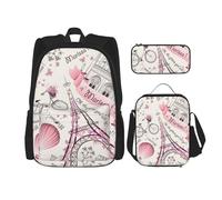 OKFSTY Romantique Paris Butterfly Sac à dos 3 pièces 40,6 cm pour garçons préscolaire primaire sac à livres et boîte à déjeuner léger, Noir , Taille unique, Ensemble cartable