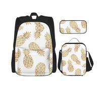OKFSTY Sac à dos 3 pièces avec fond d'ananas doré, 40,6 cm, sac à livres et boîte à déjeuner pour garçons d'âge préscolaire, poids léger, Noir , Taille unique, Ensemble cartable