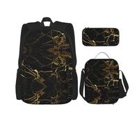 OKFSTY Sac à dos 3 pièces avec fond noir et doré, 40,6 cm, sac à livres et boîte à déjeuner pour garçons d'âge préscolaire, poids léger, Noir , Taille unique, Ensemble cartable