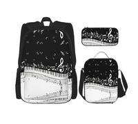 OKFSTY Sac à dos 3 pièces avec touches de piano avec notes de musique, sac à dos pour garçons préscolaires et boîte à déjeuner léger de 40,6 cm, Noir , Taille unique, Ensemble cartable