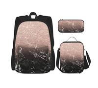OKFSTY Sac à dos 3 pièces, couleur marbre or rose, 40,6 cm, sac à livres et boîte à déjeuner pour garçons d'âge préscolaire et boîte à déjeuner léger, Noir , Taille unique, Ensemble cartable