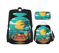 OKFSTY Sac à dos 3 pièces, motif palmier, coucher de soleil, plage, 40,6 cm, sac à livres et boîte à déjeuner pour garçons d'âge préscolaire, poids léger, Noir , Taille unique, Ensemble cartable