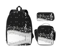 OKFSTY Sac à dos avec touches de piano et notes de musique avec boîte à déjeuner et trousse à crayons pour les sessions d'étude à la bibliothèque, Noir , Taille unique, Organiseur de sac