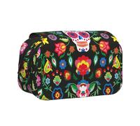 OKFSTY Sugar Horror Trousse à crayons double couche Motif tête de mort et fleurs Grande capacité de rangement pour fournitures scolaires pour enfants, Noir , Taille unique, Organiseur de sac