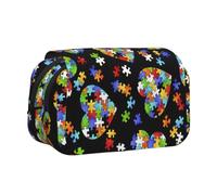 OKFSTY Trousse à crayons double couche pour sensibilisation à l'autisme - Pièces de puzzle - Impression cœur - Grande capacité de rangement - Fournitures scolaires pour enfants, Noir , Taille unique