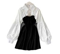OKGD Robe sexy à bretelles spaghetti noires et blanches à manches longues pour femmes - Haut court - Mode coréenne - Mini robe avec chemisiers, M