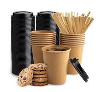 OKIM-R, Lot de 100 gobelets jetables pour café avec couvercle et dissolvant, gobelets en papier kraft jetables, gobelets avec couvercle jetables, gobelets à café de 240 ml.