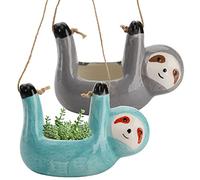 Okllen Lot de 2 Pots de Fleurs en céramique à Suspendre,Paresseux Mignons,Pot de Fleurs à Suspendre,Cadeau pour poterie, bonsaï, Plante aérienne, décoration intérieure et extérieure,Gris et Bleu