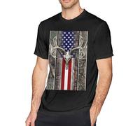 OKLUGGVH Buck Deer Hunting American Camouflage USA Flag Men's Cotton Round Neck T-Shirt Novelty Black Manches Courtes(Large)