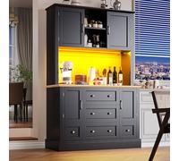 OKMYHOME Buffet de Cuisine Haut - Vaisselier Moderne avec LED et Contrôle par Application, 4 Portes, 3 Tiroirs, Fonction Musicale, Noir, 115x40x180 cm