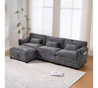 OKMYHOME Canapé 3 Places Modulaire, avec USB et Poches Latérales, Pouf Coffre de Rangement, pour Salon, Chenille - Gris