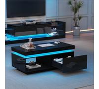 OKMYHOME Ensemble Meuble TV et Salon - 2 Pièces avec Table Basse et Éclairage LED, Panneaux Haut Brillant, Noir, 181x38x38 + 100x50x40.3 cm