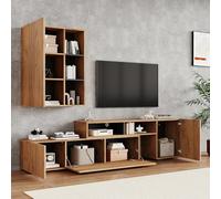 OKMYHOME Ensemble Mural TV - Meuble TV Mural Complet Modulable avec 4 Portes, 2 Tiroirs et Vitrine, Étagères, 265 x 35 x 122 cm, Bois + Noir