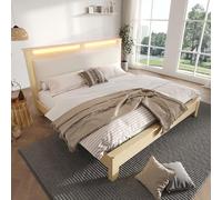 OKMYHOME Lit avec Rangement 180x200 cm - Lit Double avec LED - Matelas Non Inclus - Velours Côtelé Beige et Chêne Clair