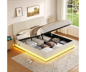 OKMYHOME Lit Coffre 140x200 cm avec éclairage LED et Port USB, Tête de lit réglable en Hauteur, pour Adultes et Adolescents, Velours côtelé Gris, sans Matelas