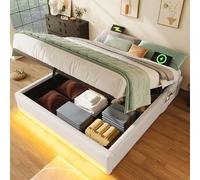 OKMYHOME Lit Coffre 140x200 cm - Lit Double Rembourré avec LED et Port USB Type-C - Cadre avec Sommier à Lattes et Coffre de Rangement Hydraulique, Tissu Lin Beige, sans Tête de Lit, sans Matelas