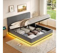 OKMYHOME Lit Coffre 160x200 cm avec éclairage LED et Port USB, Tête de lit réglable en Hauteur, pour Adultes et Adolescents, Velours côtelé Gris, sans Matelas