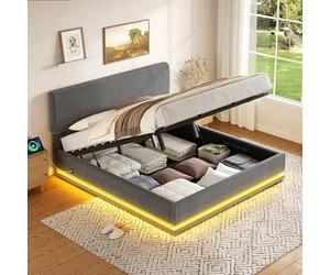 OKMYHOME Lit Coffre 160x200 cm avec éclairage LED et Port USB, Tête de lit réglable en Hauteur, pour Adultes et Adolescents, Velours côtelé Gris, sans Matelas