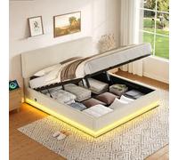 OKMYHOME Lit Coffre 180x200 cm avec éclairage LED et Port USB, Tête de lit réglable en Hauteur, pour Adultes et Adolescents, Velours côtelé Beige, sans Matelas