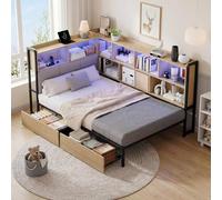 OKMYHOME Lit de jour, 90 x 200 cm, avec LED, station de charge USB-C, espace de rangement, tiroirs, chambre à coucher, gris, sans matelas