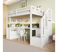 OKMYHOME Lit Mezzanine 90x200 cm - Lit Enfant Combiné avec Bureau et Étagère - Bois Massif et MDF - Blanc - sans Matelas