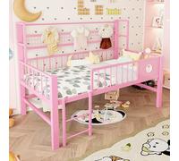 OKMYHOME Lit mi-mezzanine, 90 x 200 cm, pour enfants, avec étagère en filet, lit simple avec grille de sécurité de 30 cm, cadre de lit bas avec espace de rangement sous le lit, rose (sans matelas)