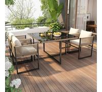 OKMYHOME Salon de Jardin 5 Pièces avec 1 Table à Manger, 4 Chaises Empilables, Structure en Fer et Bois, Plateau en Verre Sécurit, Beige