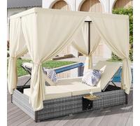 OKMYHOME Salon de Jardin en Rotin - Chaise Longue Double avec Rideau d’Ombre et Table Pliante Intégrée, pour Terrasse et Balcon - Blanc