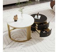 OKMYHOME Table Basse Gigogne 2 en 1 - Plateau Effet Marbre Blanc et Finition Brillante - 2 Tiroirs Intégrés - MDF et Métal - Blanc et Noir - 70x70x46 + 50x50x40 cm