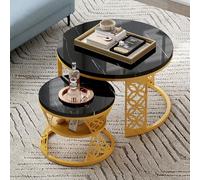OKMYHOME Table Basse Gigogne 2 Pièces, Ronde, Blanc et Noir | Grande table 70 × 70 × 45 cm, petite 45 × 45 × 37 cm, plateau MDF, cadre métal noir, salon et balcon